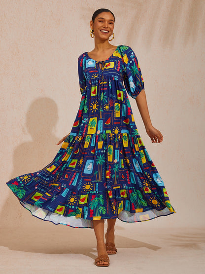 Vacation Tropical Geometric Print A Line Satin Maxi Dress