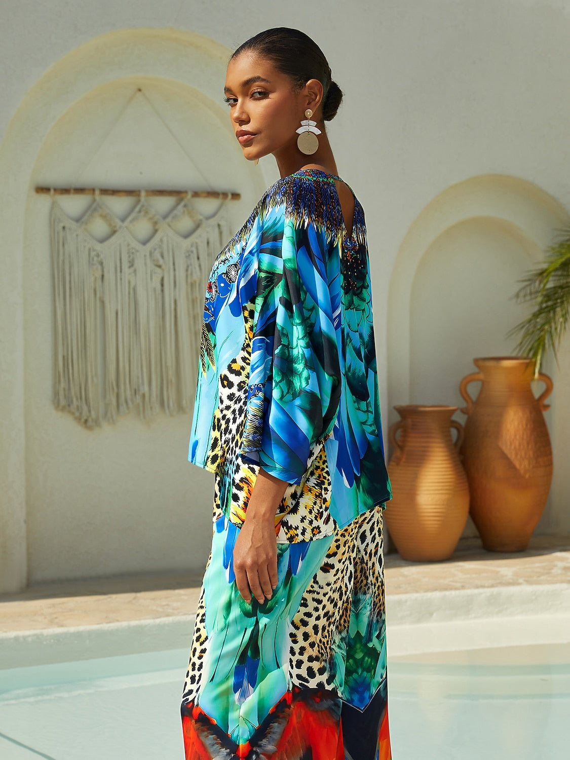 Vacation Feather Leopard Motif Dolman Sleeve Fit Satin Top