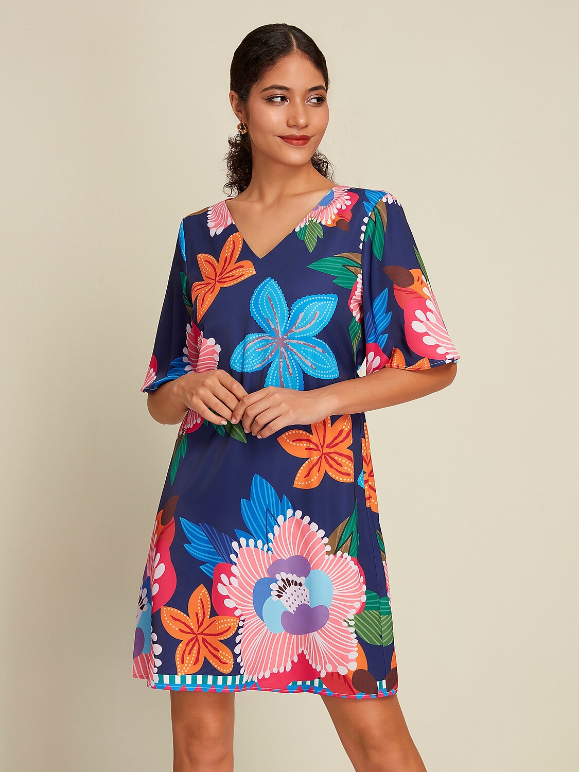 Satin Mini Dress  Floral Print Straight Fit Slimming Elastic Back     Dress