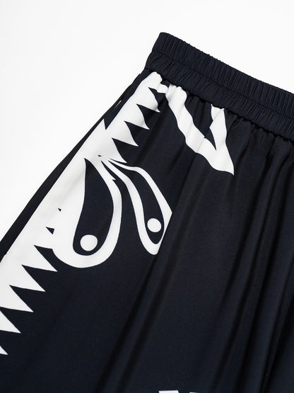 Wide Leg Pants Black Satin Full Length Printing