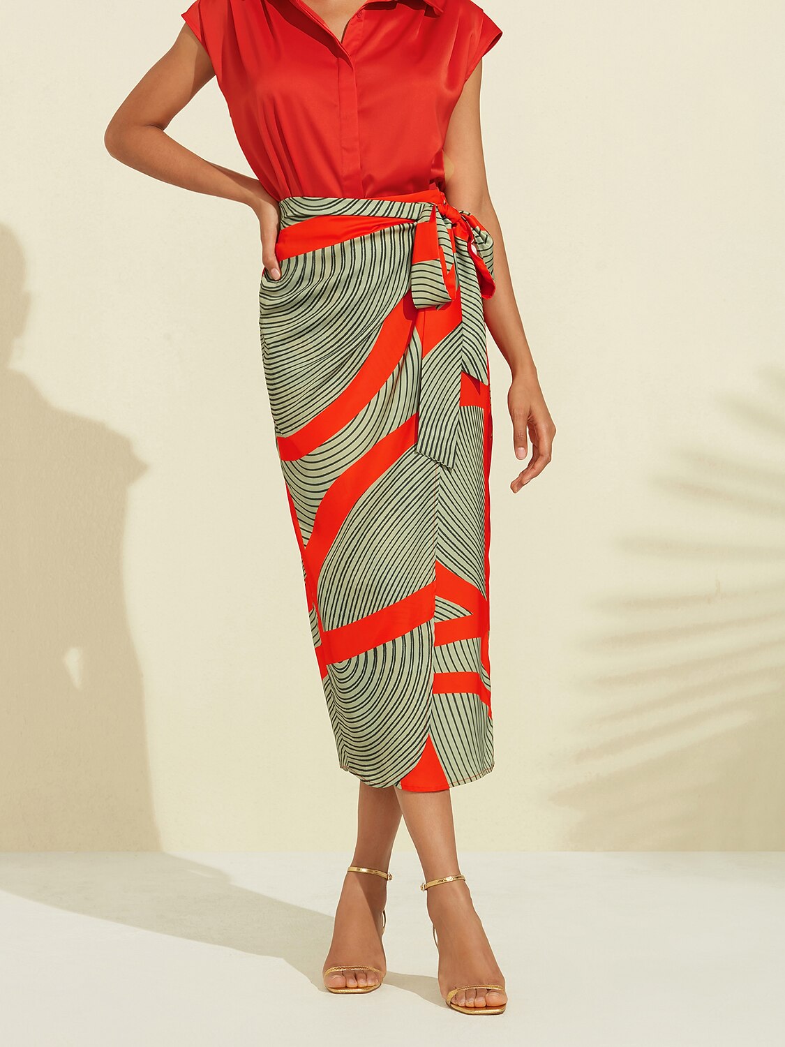 Satin Geometric Print Green Daily Casual Midi Skirt