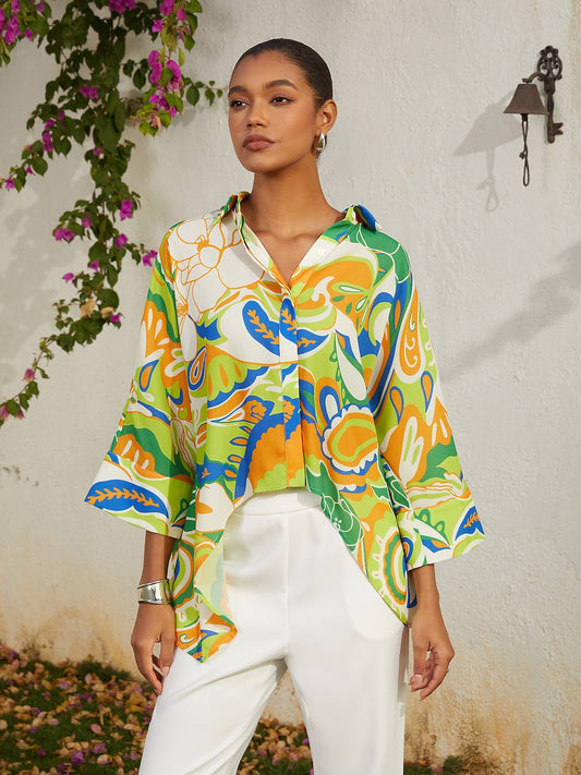 Vacation Green Floral Dolman Sleeve High Low Chiffon Short Shirt