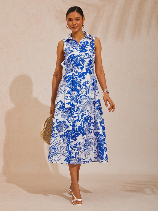 Vacation Abstract Floral Motif Sleeveless Linen-Like Shirt Dress