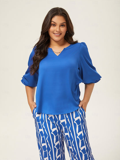 Satin Vacation-Style Solid Blue V-Neck Ruched Top