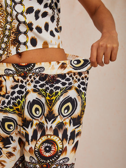 Vacation Leopard Chain Print Elastic Waist Satin Straight Pants