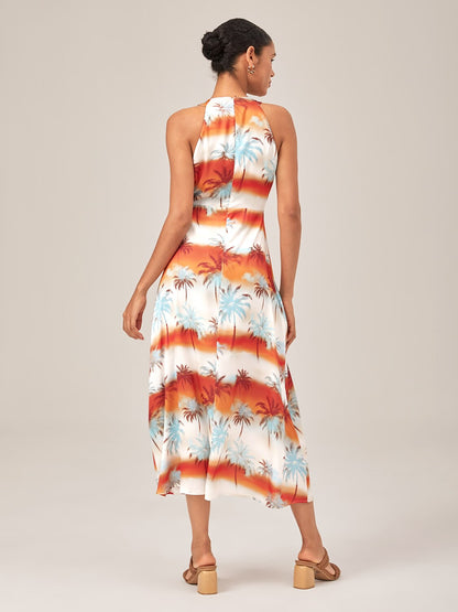 Palm Tree Sunset Print Halter Neck Maxi Dress
