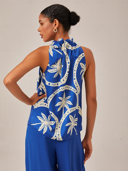 Satin Geometric Print Sleeveless Top With Ruffle Tie Neck