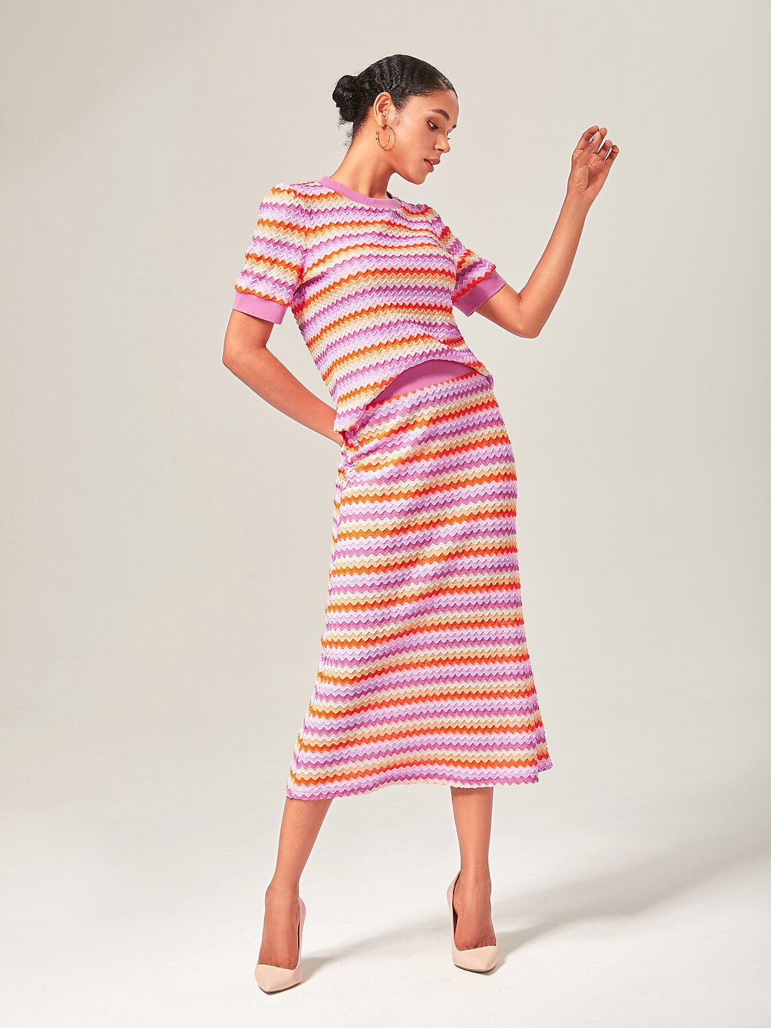 Orange Knitted Stretch Color Block Skirt