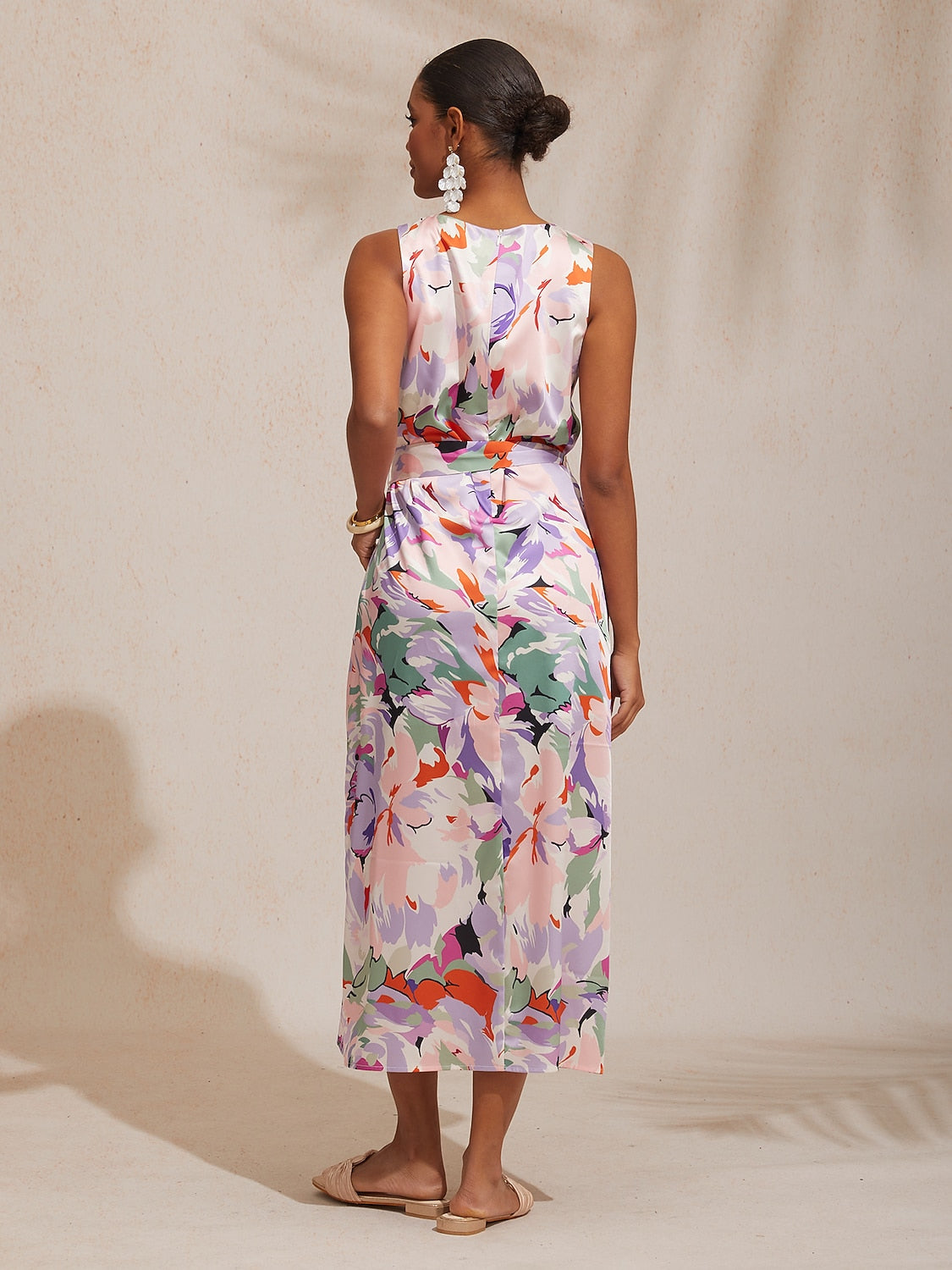 Vacation Abstract Floral Print Straight Fit Satin Maxi Dress