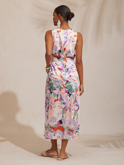 Vacation Abstract Floral Print Straight Fit Satin Maxi Dress