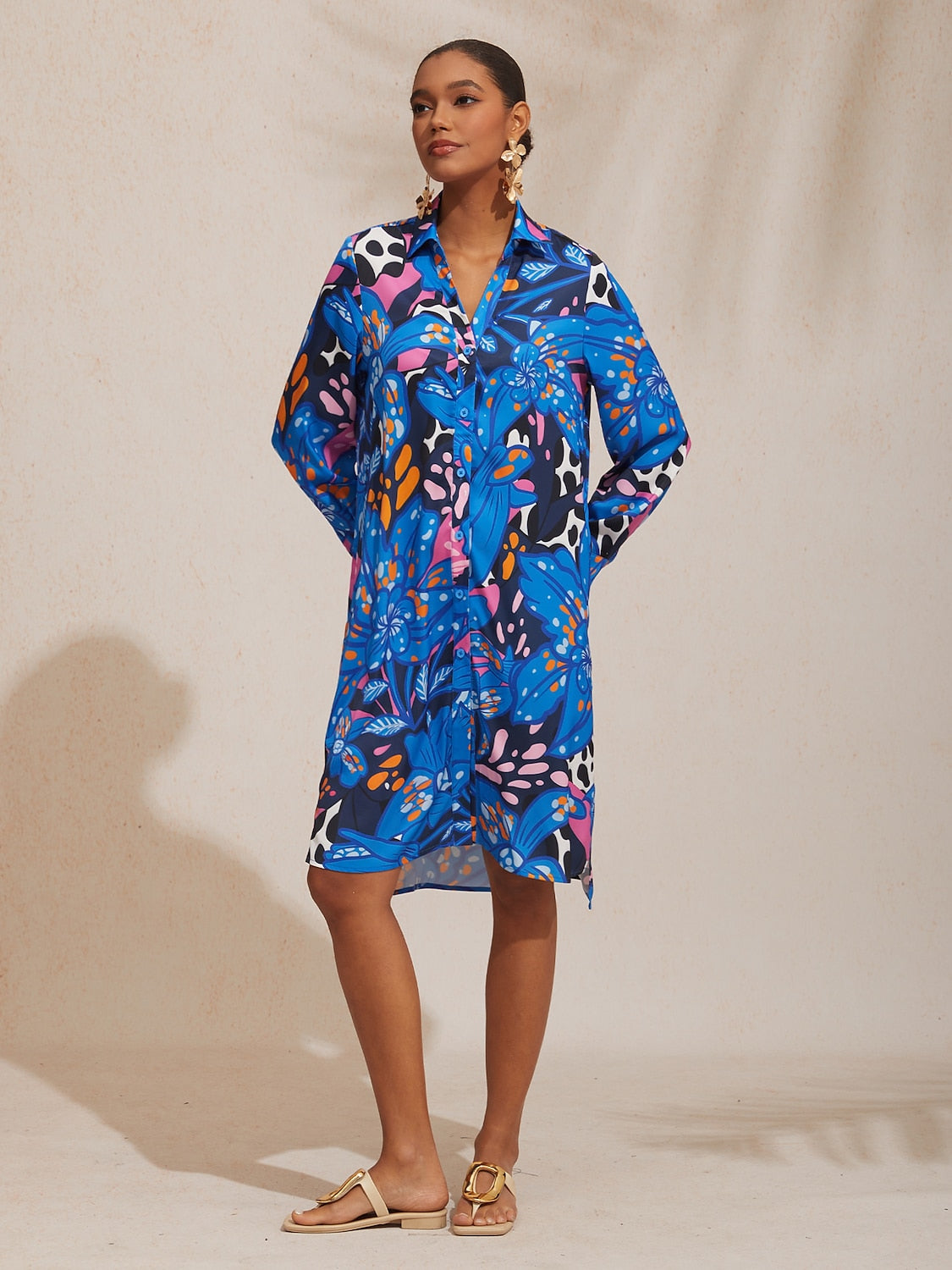 Vacation Abstract Color Dot Floral Straight Satin Shirt Dress