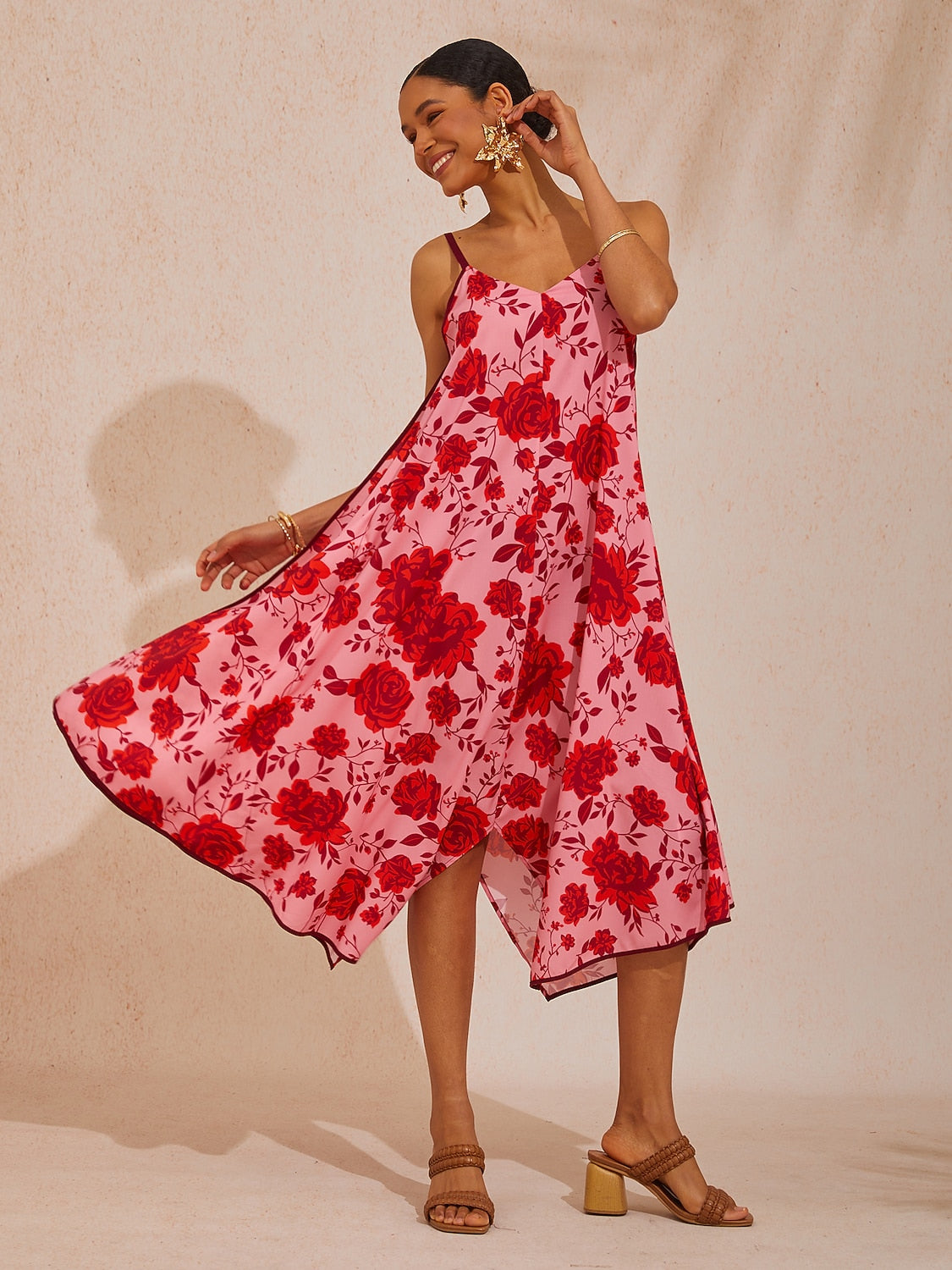 Vacation Pink Floral A-Line Cotton-Like Cami Dress