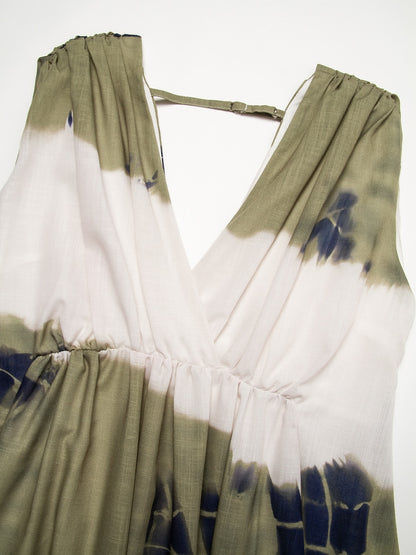Linen-Like Tie-dye Print Vacation Style Sleeveless Maxi Dress