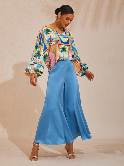 Vacation Elastic Waist Satin Wide Leg Pants