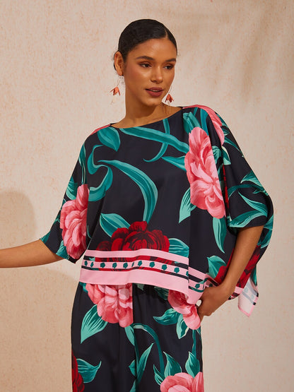 Vacation Contrast Color Artistic Floral Dolman Sleeve Satin Top