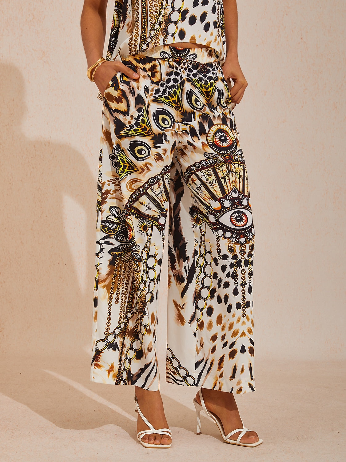 Vacation Leopard Chain Print Elastic Waist Satin Straight Pants