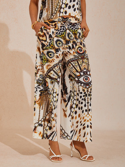 Vacation Leopard Chain Print Elastic Waist Satin Straight Pants