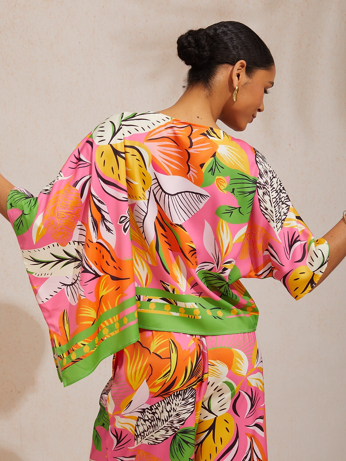 Summer Night Palm Silky Satin Dolman Sleeve Top