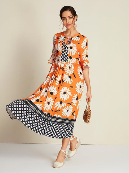 Satin Vacation Geometric Pattern 3/4 Length Sleeves Maxi Dress