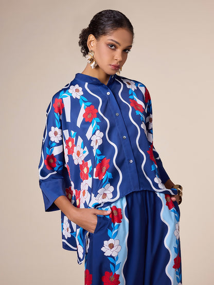 Satin Artistic Printing Standing Collar Blouse