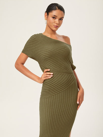 Olive Green One-Shoulder Knitted Bodycon Maxi Dress