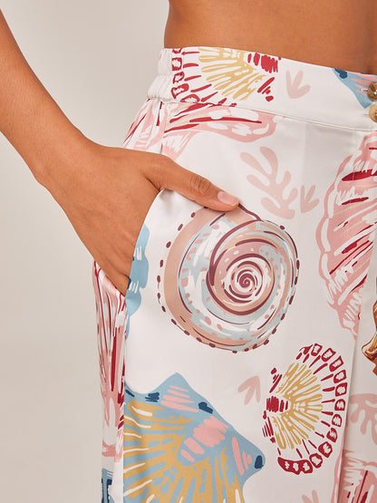 Shell Print Elastic Waist Wide Leg Pants