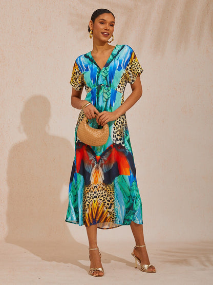 Vacation Jungle Beast Print Fitted Waist Satin Maxi Dress