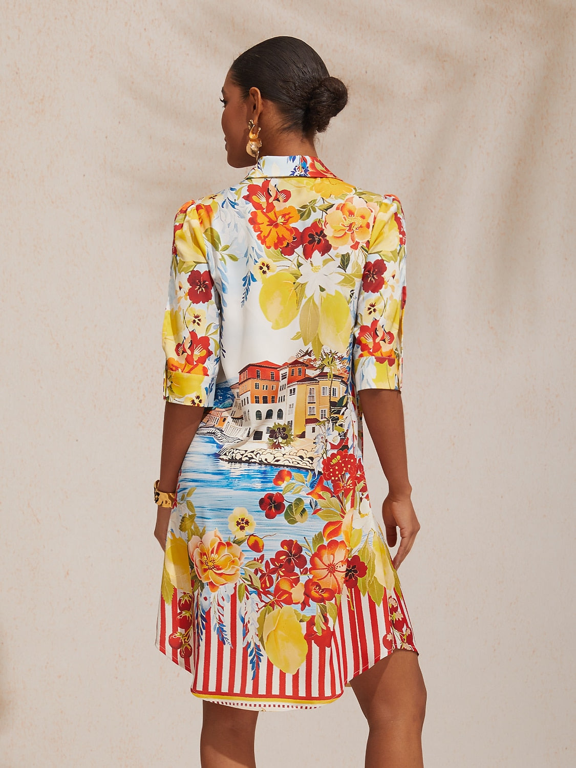 Vacation Scenic Floral Print Straight Satin Shirt Dress