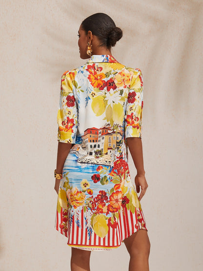 Vacation Scenic Floral Print Straight Satin Shirt Dress