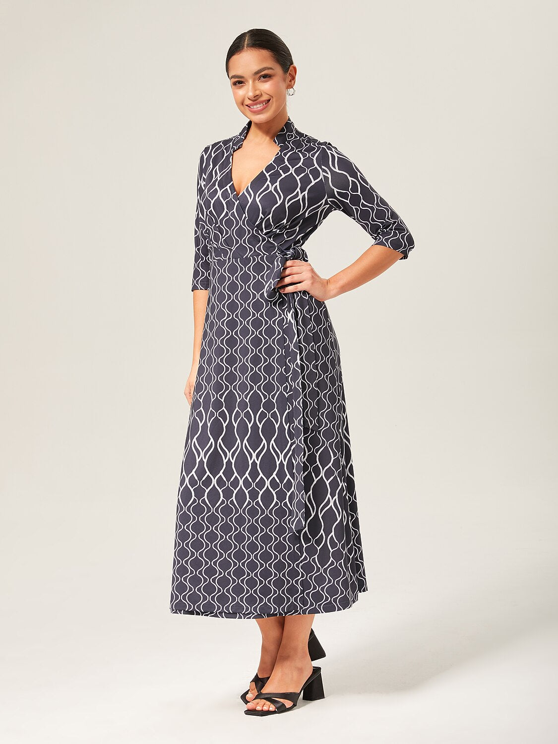 Geometric Print Stretch Satin Wrap Dress