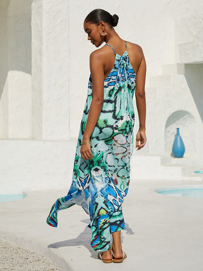 Vacation Vintage Patchwork Motif Sleeveless Drawstring Satin Maxi Dress