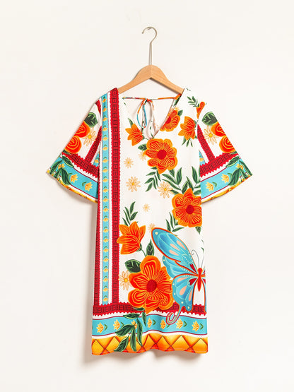 Floral Print Mini Dress Orange Flower Pattern