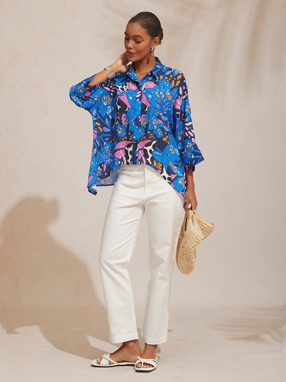 Vacation Color Dot Floral Dolman Sleeve Satin Shirt