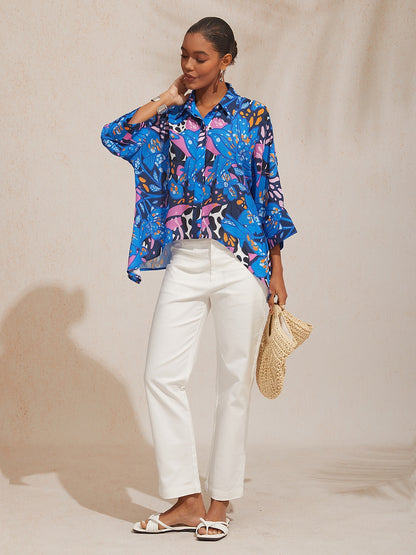 Vacation Color Dot Floral Dolman Sleeve Satin Shirt