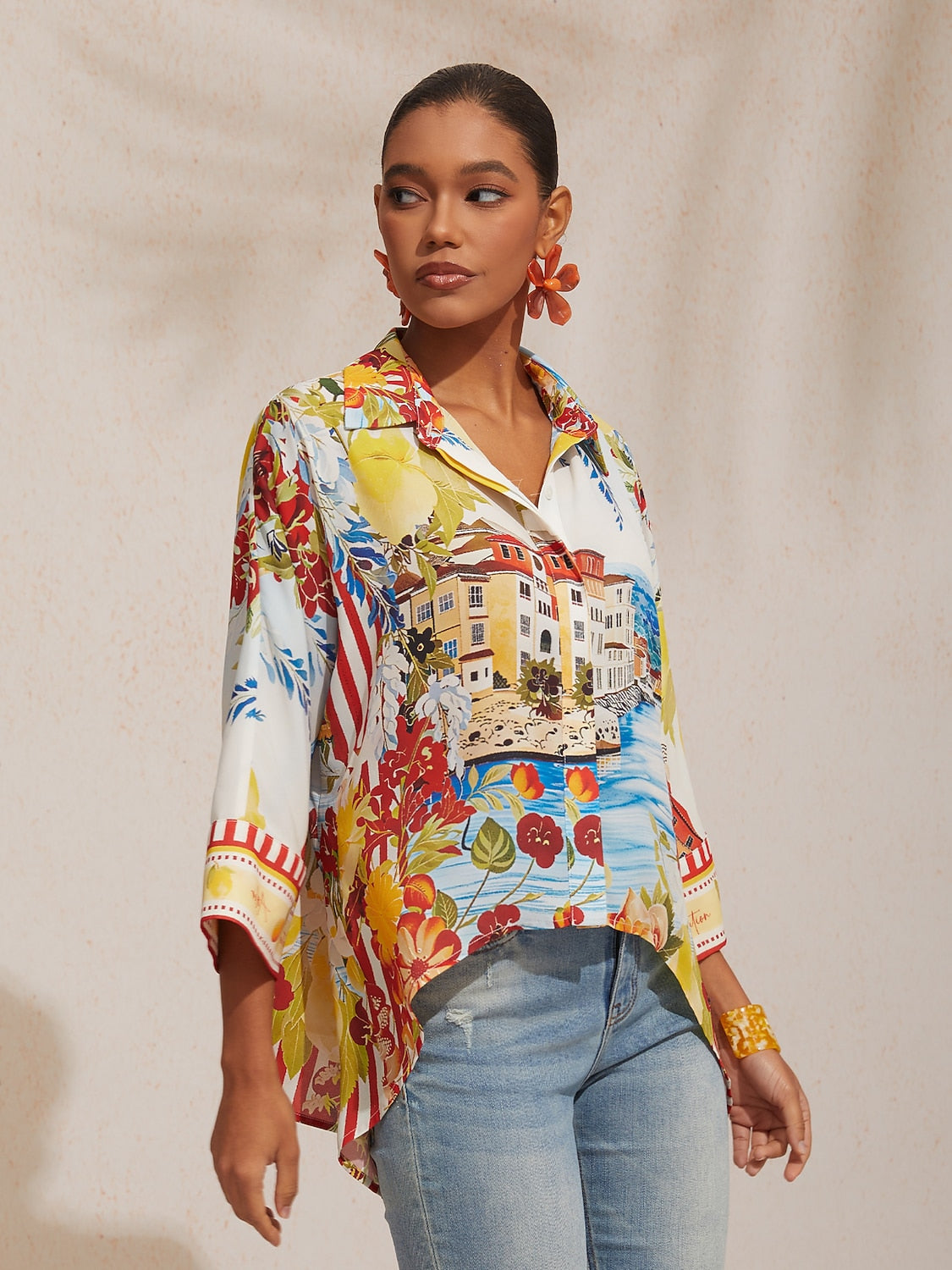 Vacation Scenic Floral Print Dolman Sleeve Chiffon Short Shirt