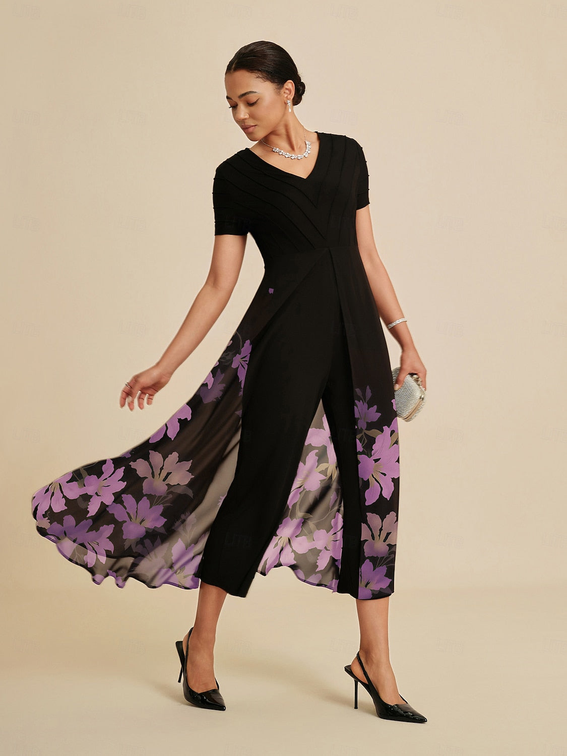 Paneled Design Faux Flowy Sheer Stretch Fabric Jumpsuit