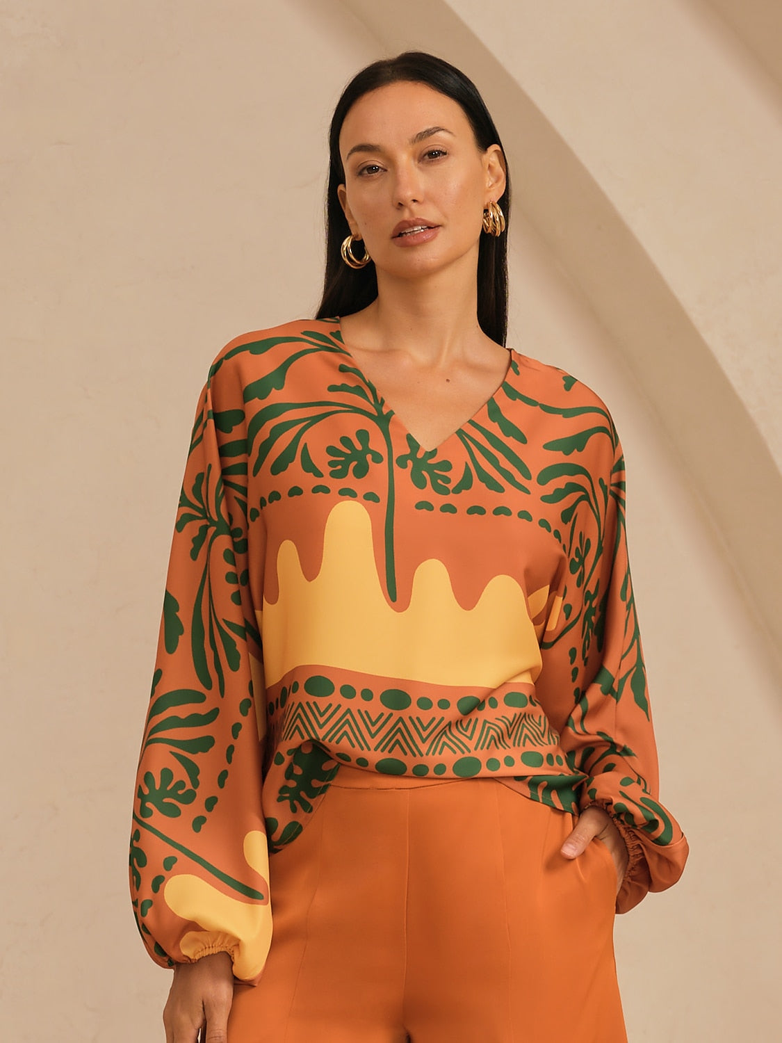 Vivid Fuchsia Print Satin Lantern Top