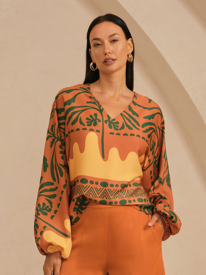 Vivid Fuchsia Print Satin Lantern Top