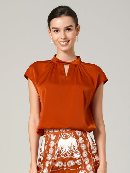 Orange Stand-Up Collar Sleeveless Knotted Top
