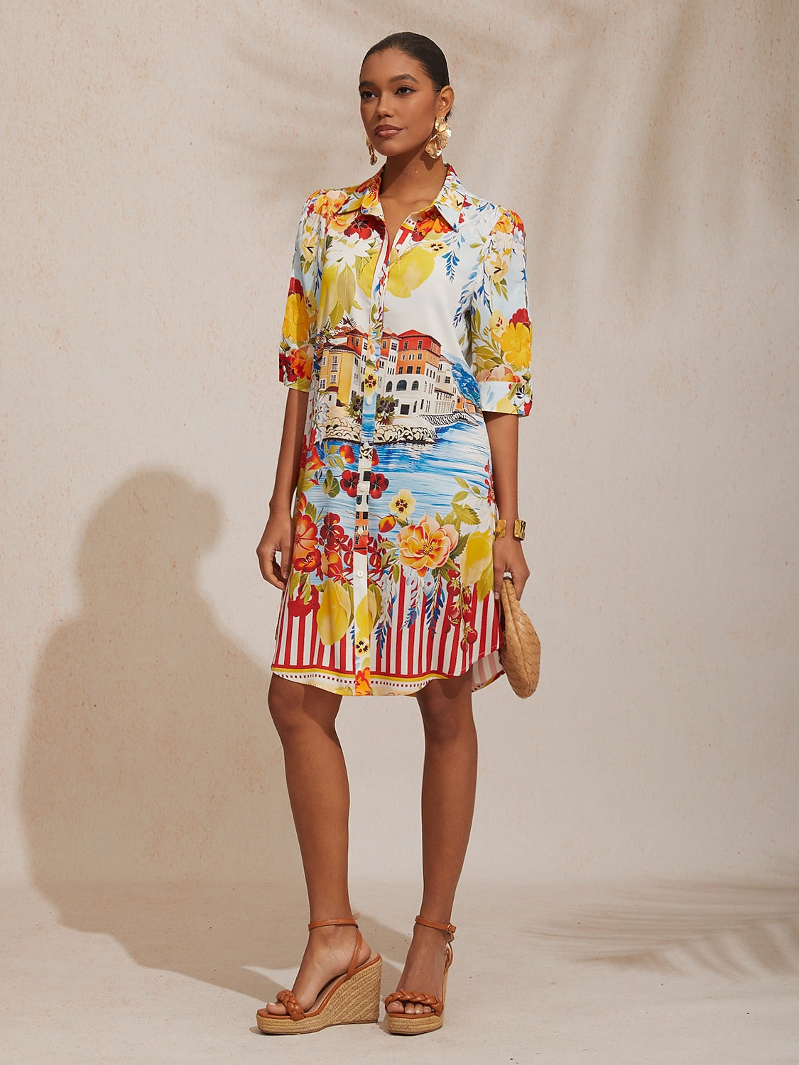 Vacation Scenic Floral Print Straight Satin Shirt Dress