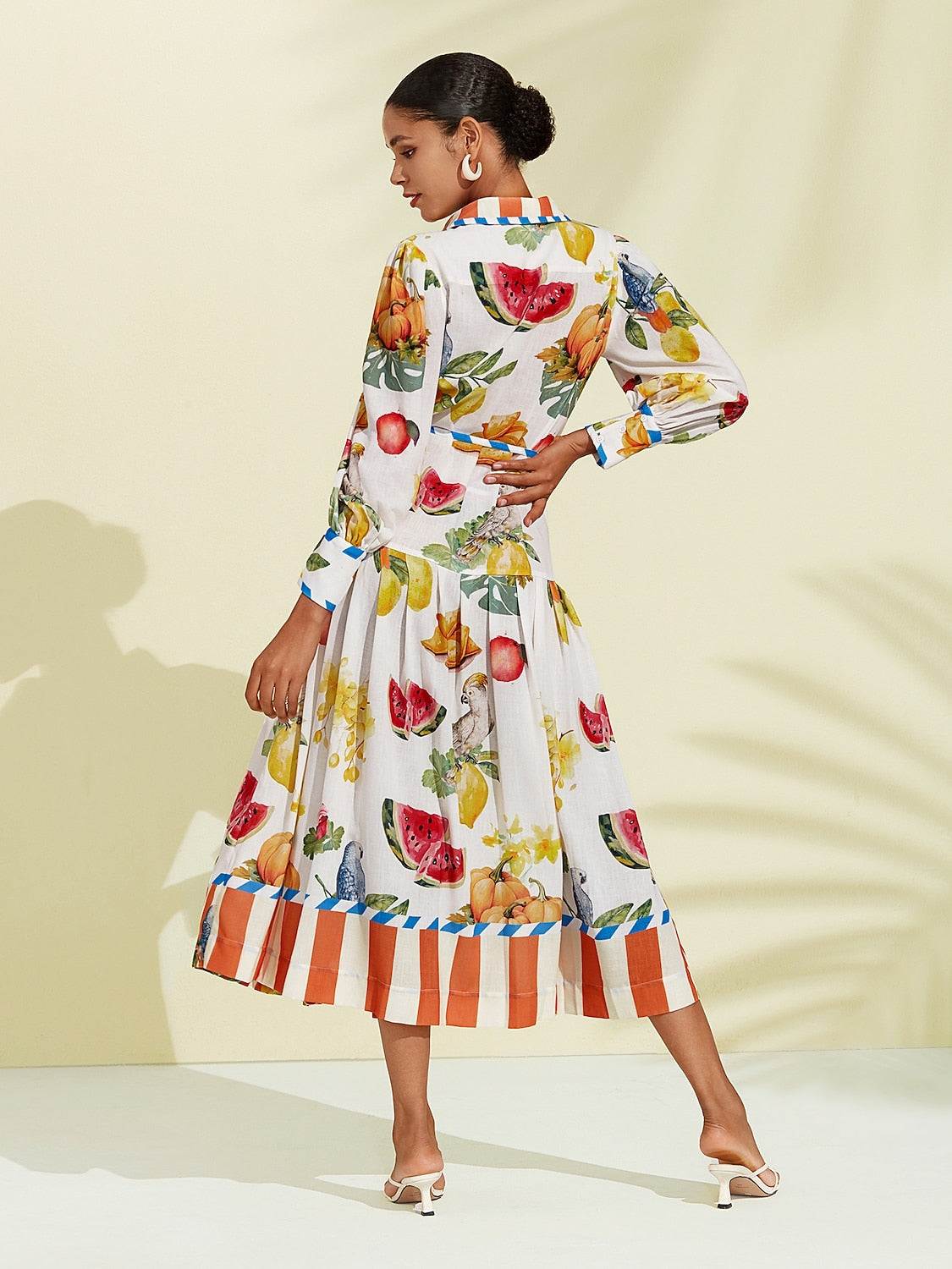 Print Stripe Fruit Midi Shirt Dress