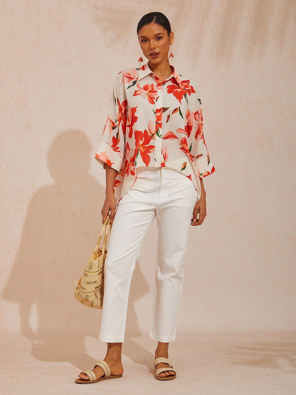 Vacation Pink Floral Dolman Sleeve Chiffon Shirt