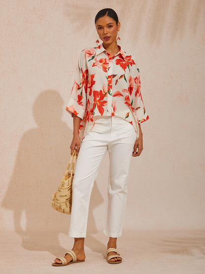 Vacation Pink Floral Dolman Sleeve Chiffon Shirt