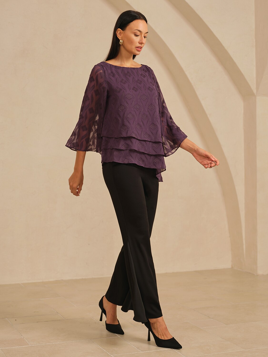 Elegant Flared Sleeves Layered Hem Chiffon Blouse