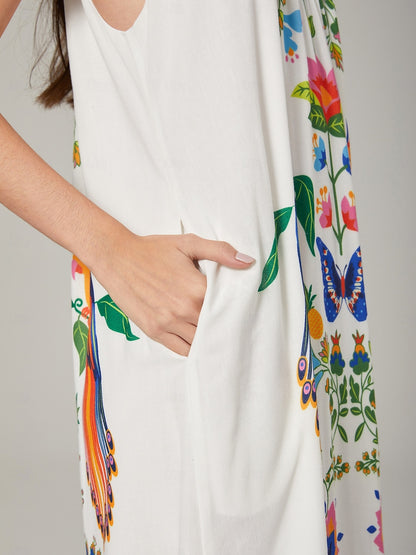 White-Toned Cotton Like Beach Vacation Floral Print Dress