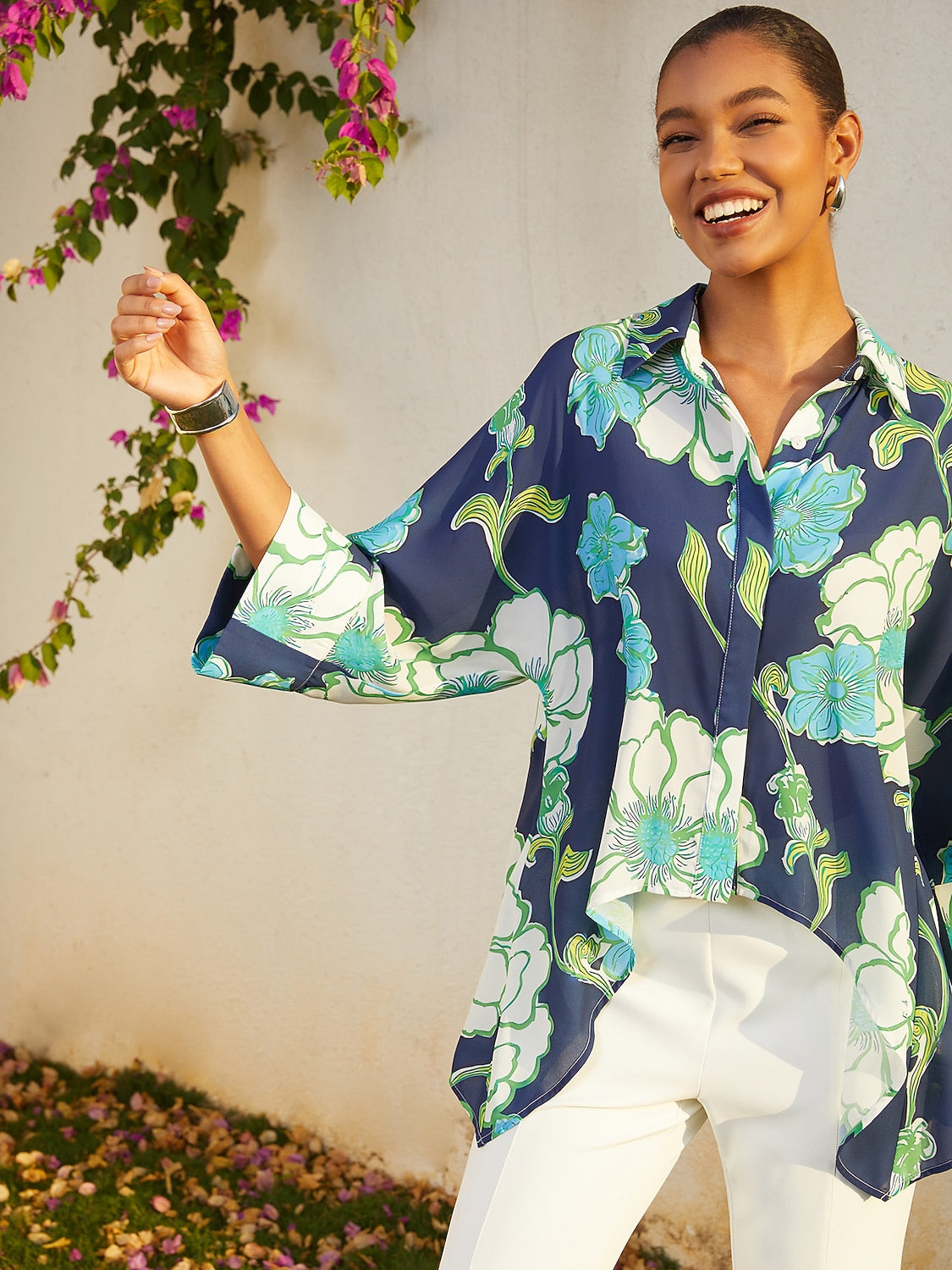 Vacation Green Floral High Low Chiffon Short Shirt