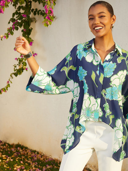 Vacation Green Floral High Low Chiffon Short Shirt