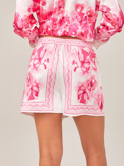 Satin Floral Print Adjustable Drawstring Casual Shorts