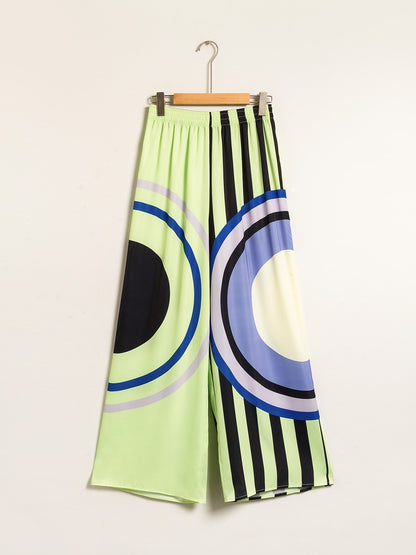 Satin Geometric Print Relaxed Elasticity Straight Pants