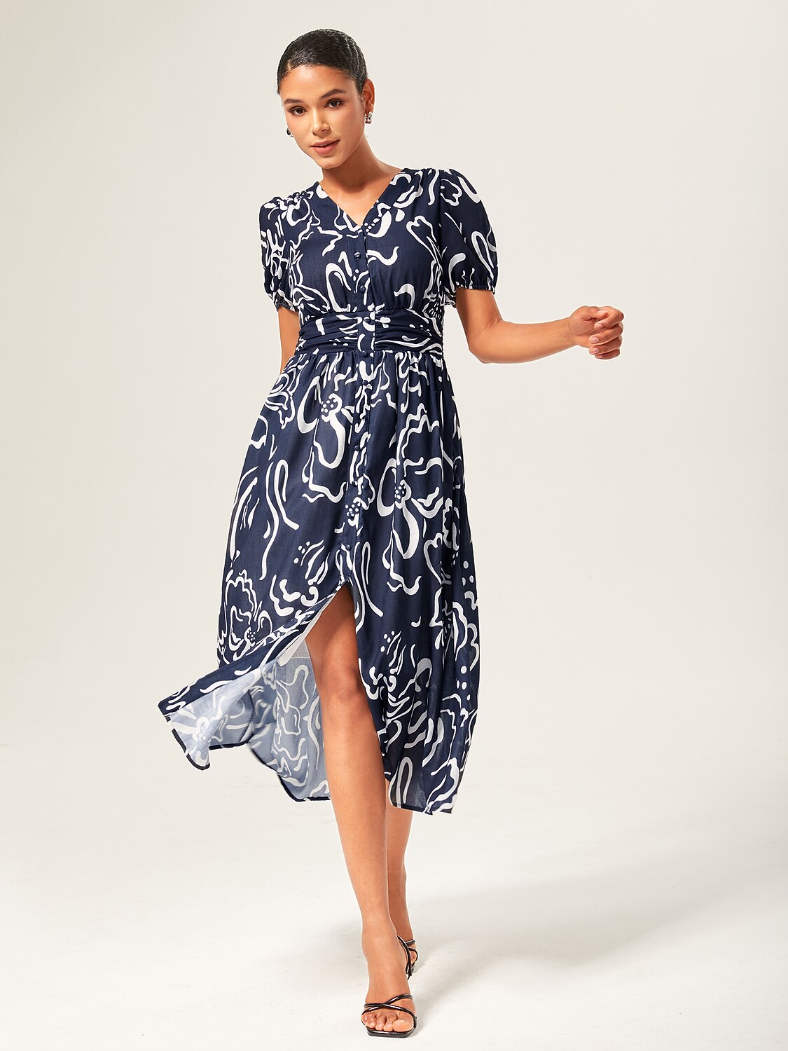 Abstract Art Print Linen-Like Waist-Cinching Maxi Dress